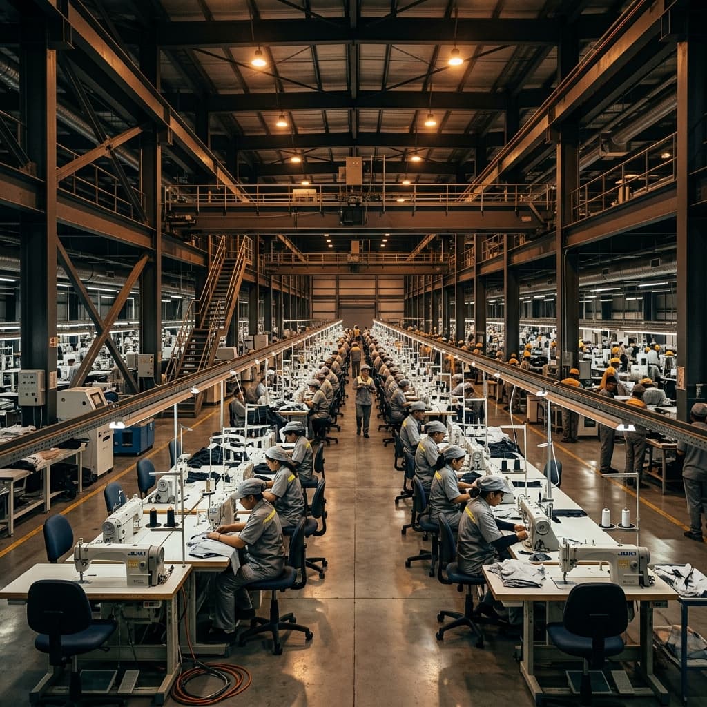 High-capacity industrial garment manufacturing showroom